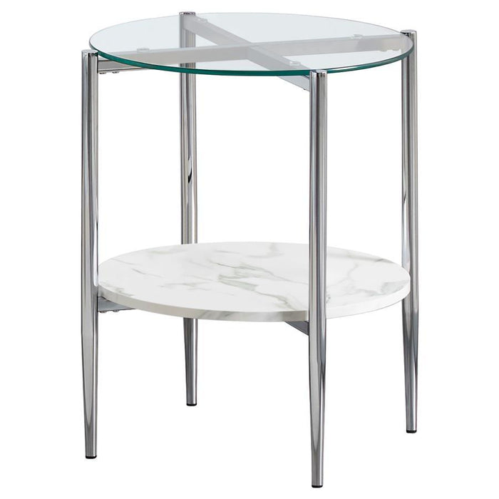 Cadee - Round Glass Top End Table - White And Chrome