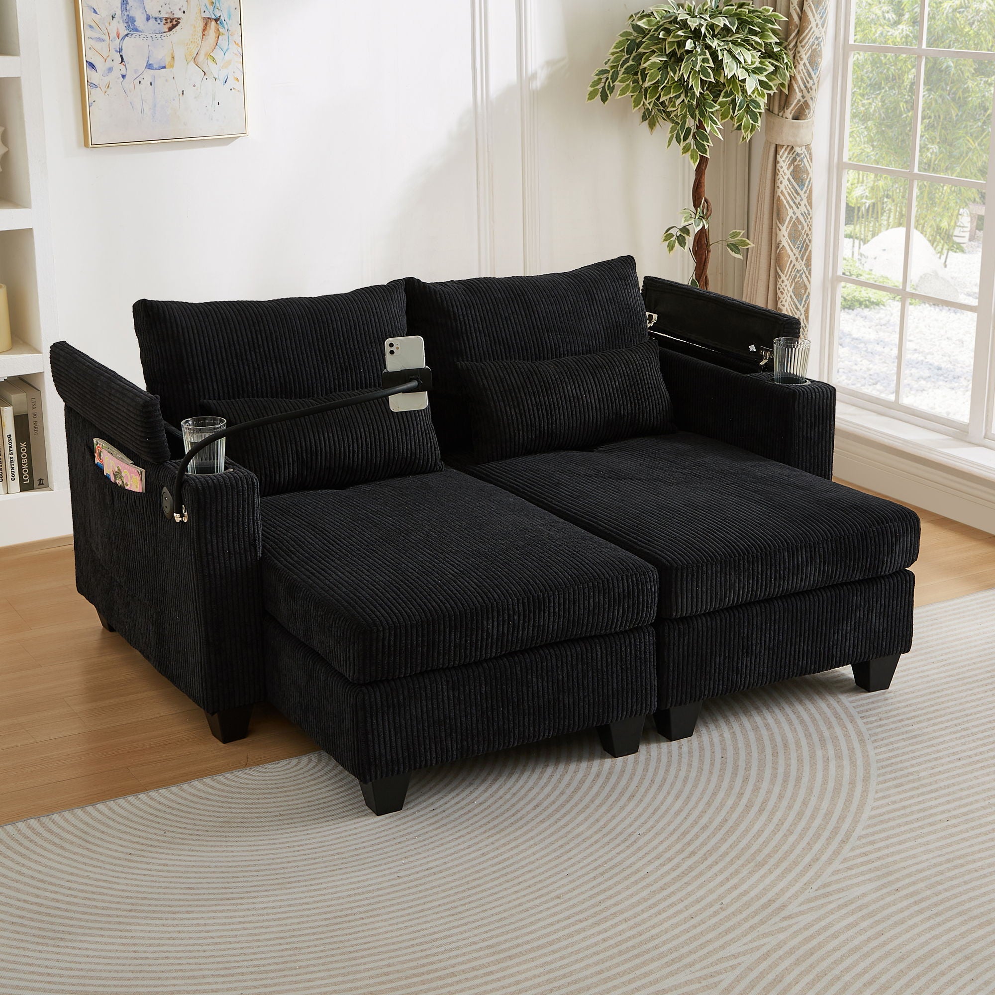 Convertible Chaise Lounge Sofa Chair With USB Ports, Cup Holders, Phone Holder And Storage