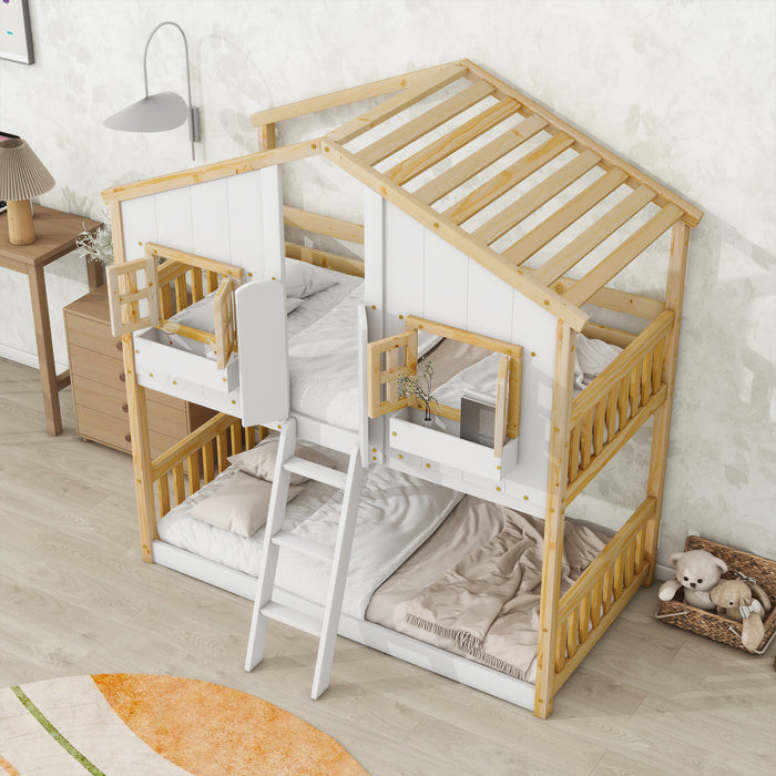 Twin/Twin HBunk Bed with Roof, Window, Window Box, Door, with Safety Guardrails and Ladder White