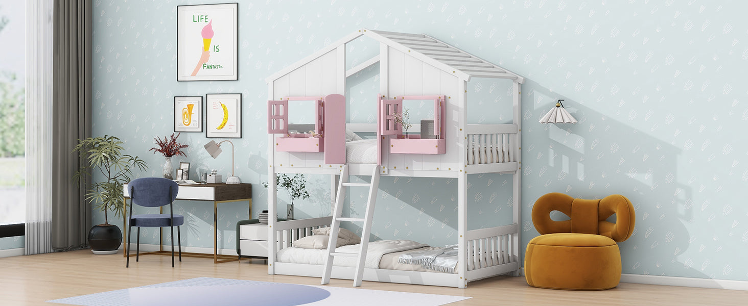 Twin/Twin HBunk Bed with Roof, Window, Window Box, Door, with Safety Guardrails and Ladder White