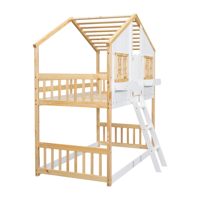 Twin/Twin HBunk Bed with Roof, Window, Window Box, Door, with Safety Guardrails and Ladder White