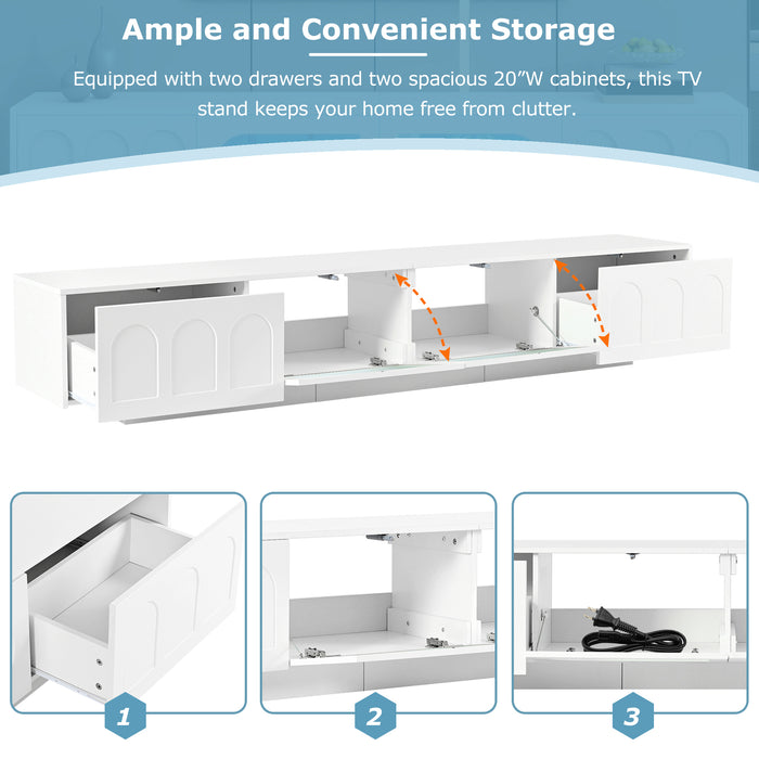 TV Stand with Fluted tempered Glass Doors for TVs Up to 95'',with APP-Controlled LED Light