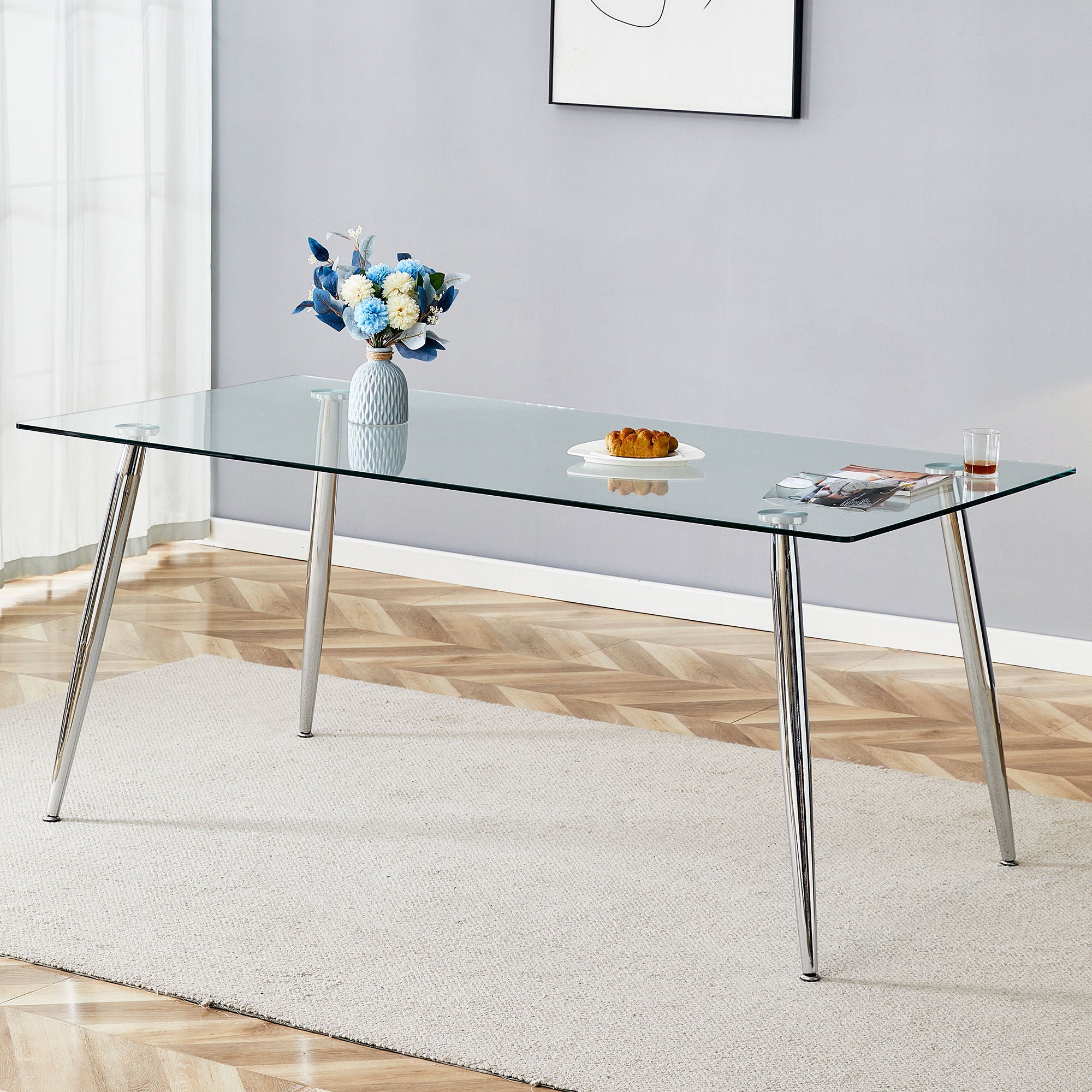 Modern Rectangular Glass Dining Table For 4 - 6 People With Tempered Glass Countertop