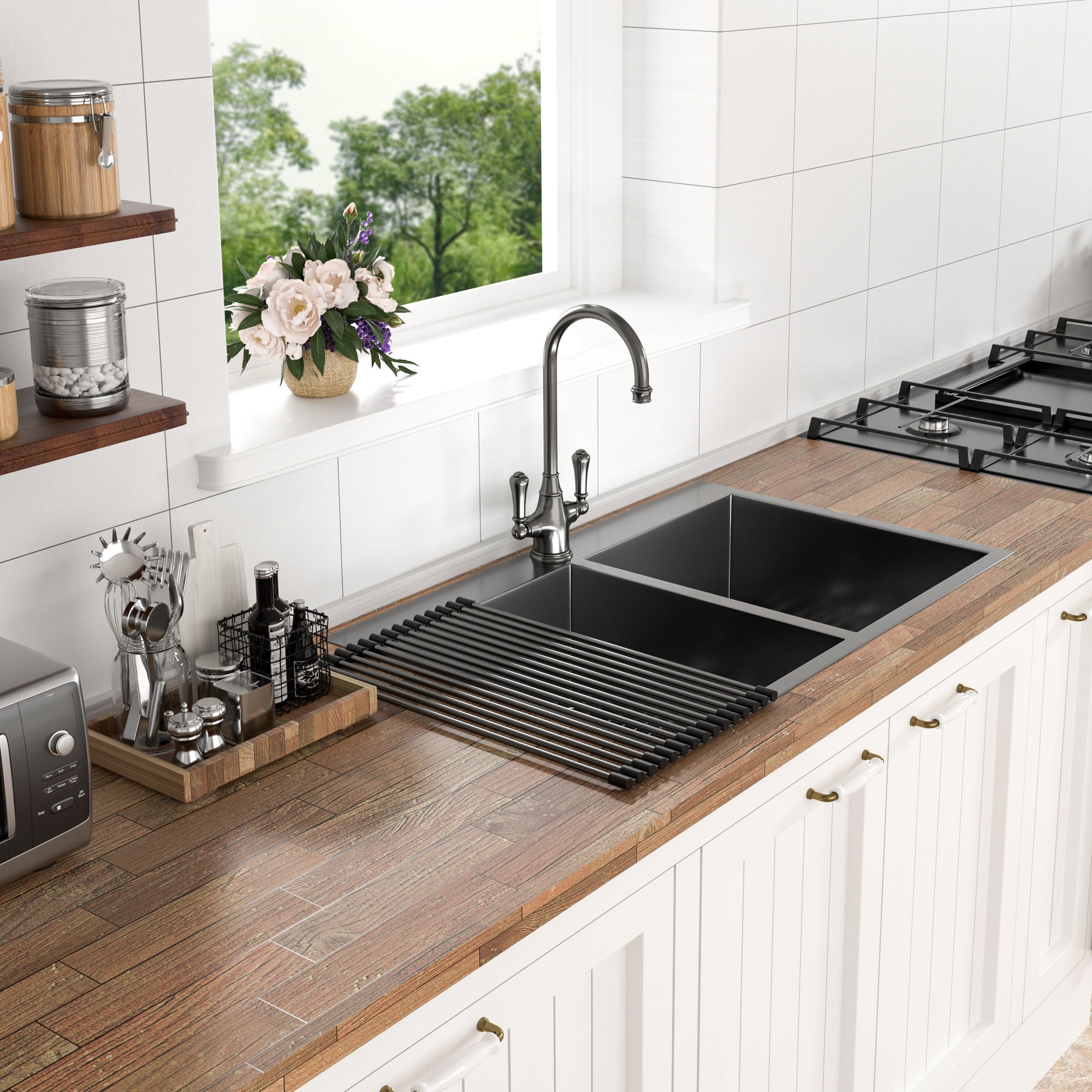 Double Bowl Drop In Kitchen Sink, 16 Gauge Stainless Steel With 2 9" Deep Basins - Gunmetal Black