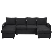 U Shaped Sectional Sofa Bed With Storage Chaise Lounges, USB Ports, And Cup Holders