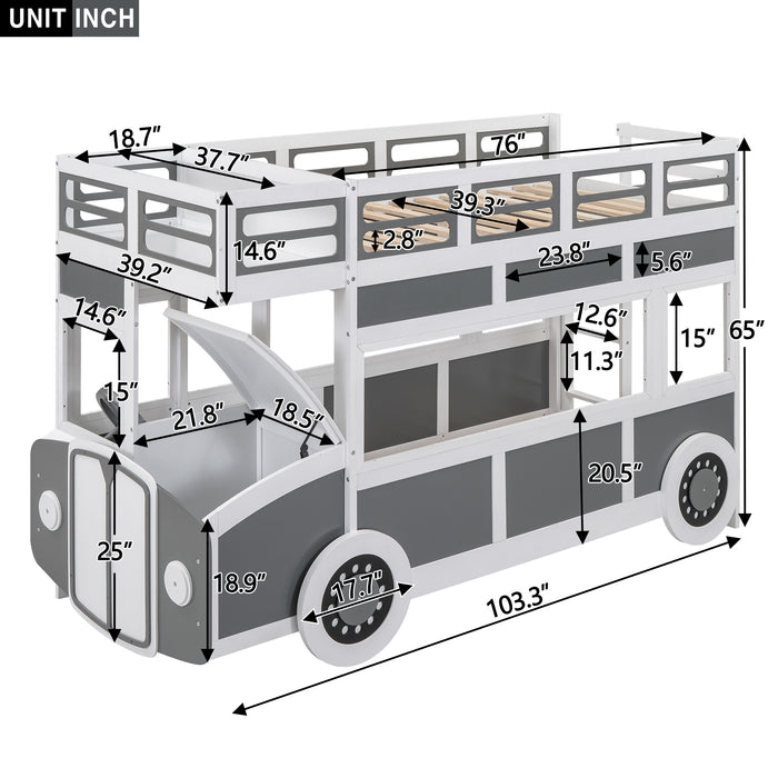 Twin/Twin Bus-shaped Bunk Bed with Wheels and Storage, Gray+White