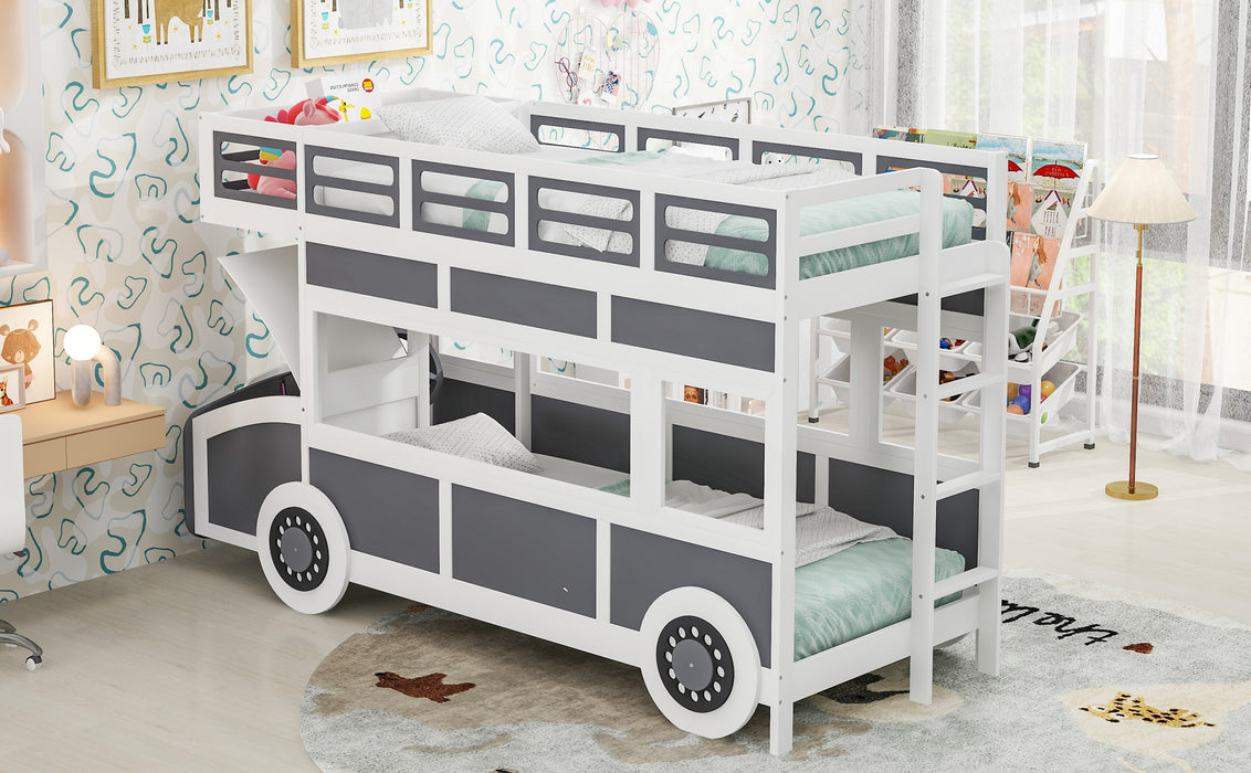 Twin/Twin Bus-shaped Bunk Bed with Wheels and Storage, Gray+White