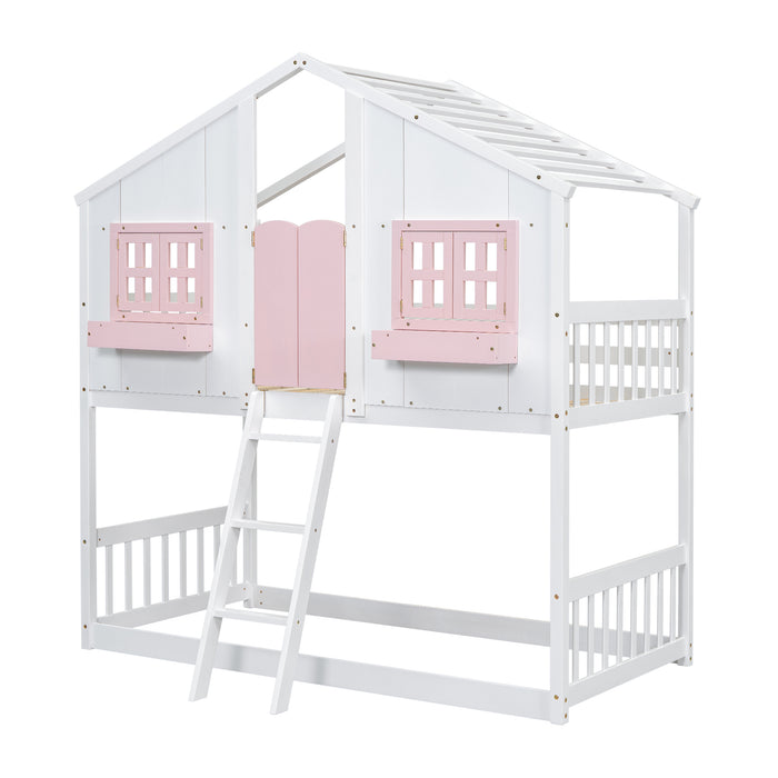 Twin/Twin HBunk Bed with Roof, Window, Window Box, Door, with Safety Guardrails and Ladder White