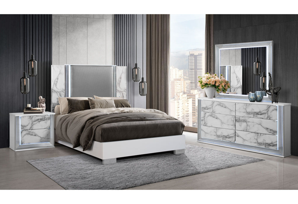 Ylime - 4 Piece Queen Bedroom Set (Queen Bed, Dresser, Mirror, Nightstand) - White Marble