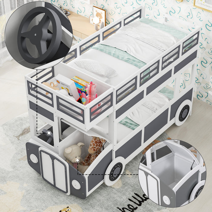 Twin/Twin Bus-shaped Bunk Bed with Wheels and Storage, Gray+White