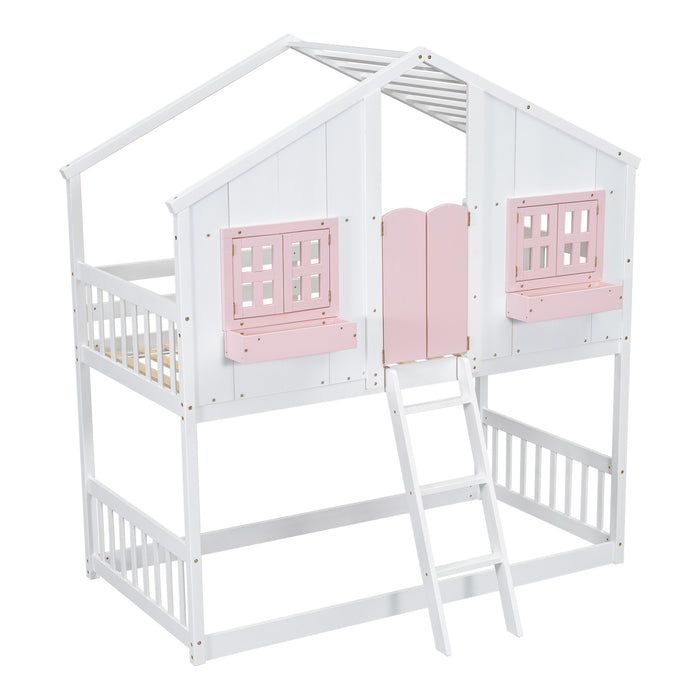 Twin/Twin HBunk Bed with Roof, Window, Window Box, Door, with Safety Guardrails and Ladder White