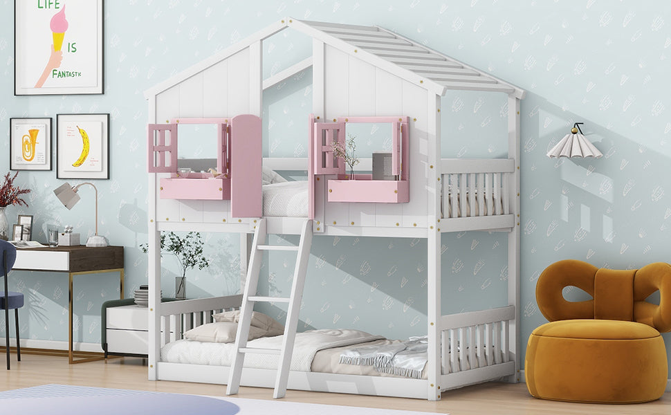 Twin/Twin HBunk Bed with Roof, Window, Window Box, Door, with Safety Guardrails and Ladder White