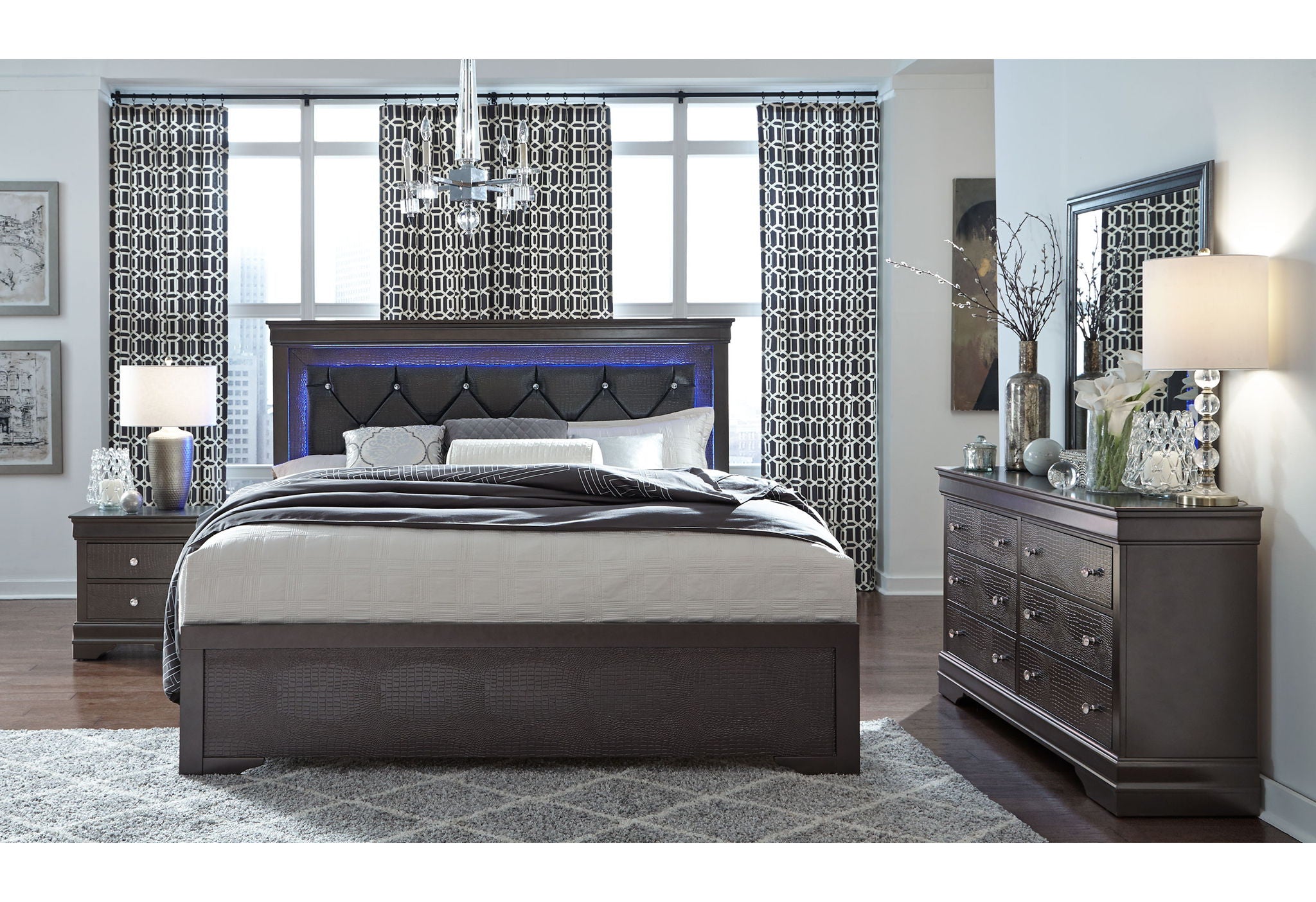 Pompei - 5 Piece Queen Bedroom Set (Bed With LED, Dresser, Mirror, 2 Nightstands) - Gray
