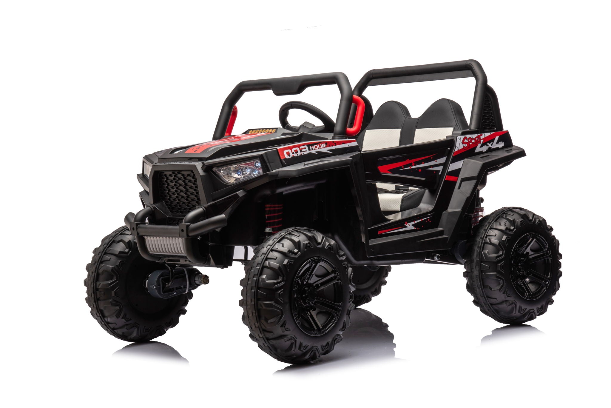 12V7A*2 30W*4 Four-Wheel Drive Seat One Button Start, Forward And Backward, High And Low Speed, Music, Front Light, Power Display, Two Doors Can Open, 2.4G R / C, Seat Belt Four Wheel Absorber