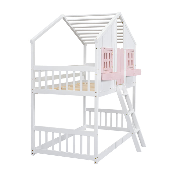 Twin/Twin HBunk Bed with Roof, Window, Window Box, Door, with Safety Guardrails and Ladder White