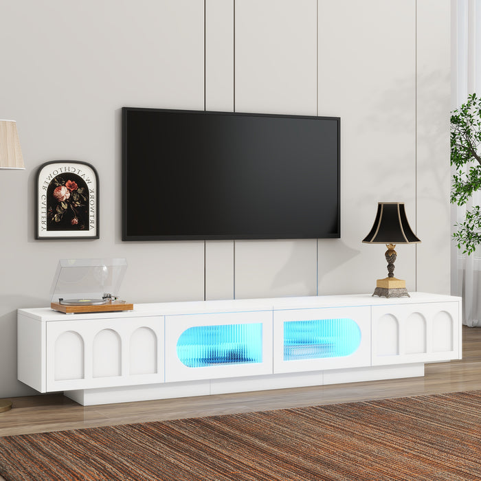 TV Stand with Fluted tempered Glass Doors for TVs Up to 95'',with APP-Controlled LED Light