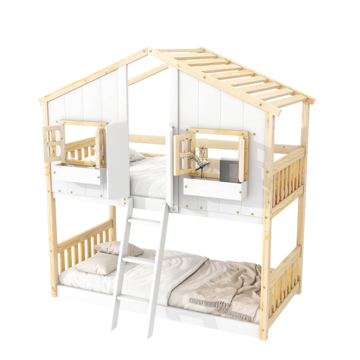 Twin/Twin HBunk Bed with Roof, Window, Window Box, Door, with Safety Guardrails and Ladder White