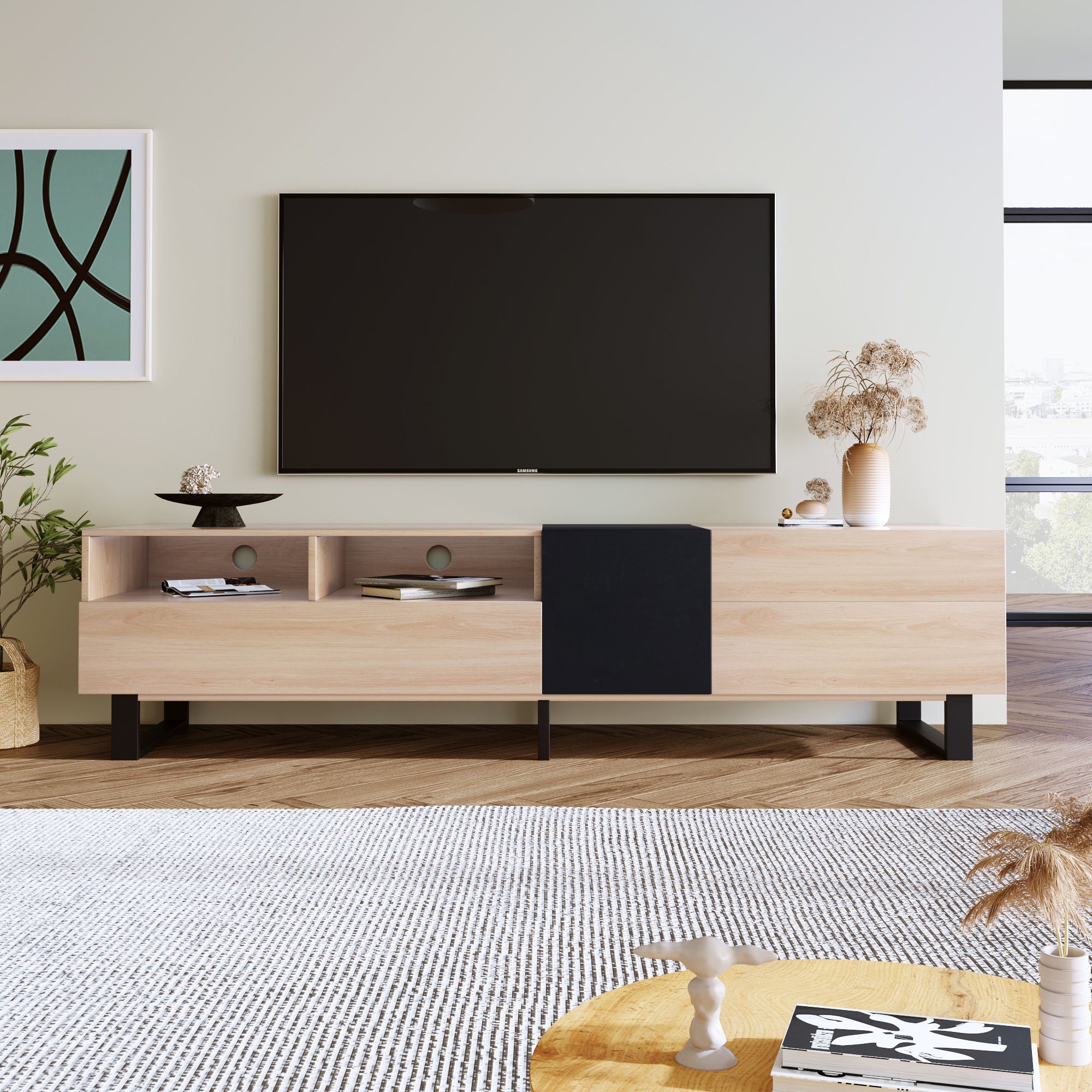 TV Stand For 80'' TV With Double Storage Space, Media Console Table With Drop Down Door