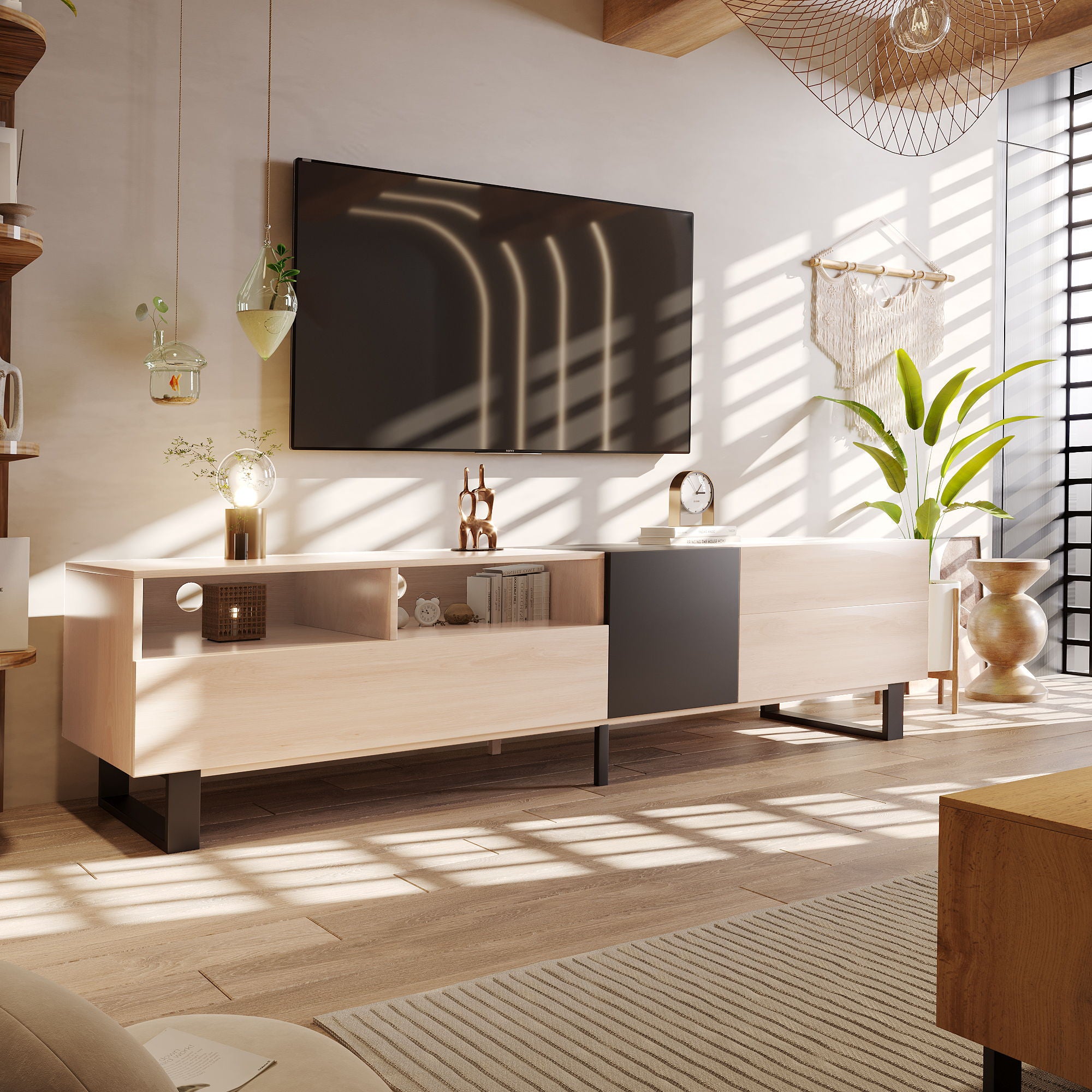 TV Stand For 80'' TV With Double Storage Space, Media Console Table With Drop Down Door