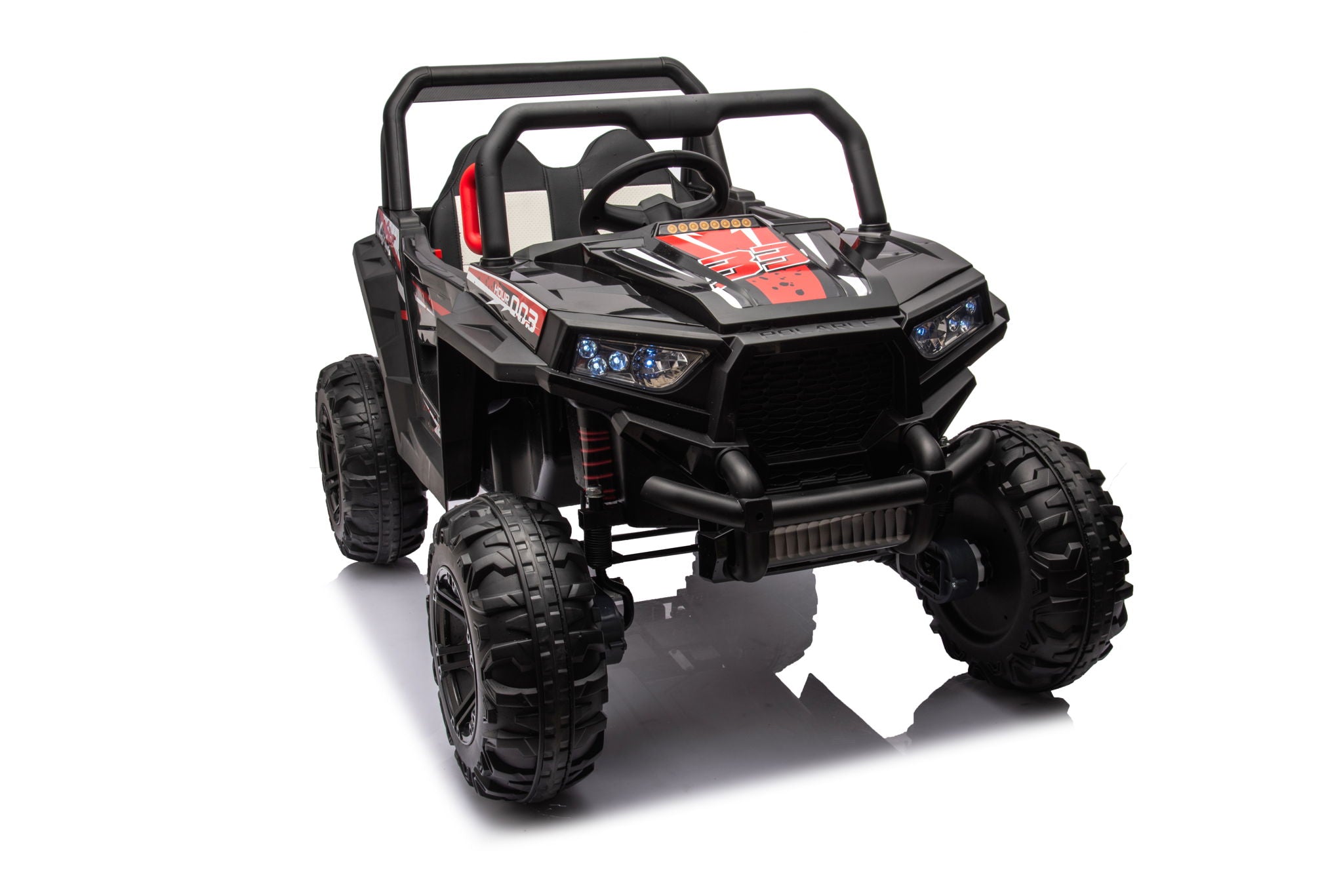 12V7A*1 30W*4 Four-Wheel Drive Seat One Button Start, Forward And Backward, High And Low Speed, Music, Front Light, Power Display, Two Doors Can Open, 2.4G R / C, Seat Belt Four Wheel Absorber