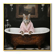 Tiger In Bathtub Wall Art Print Poster, Bathroom Decor Posters Prints For Restroom - Pink / White