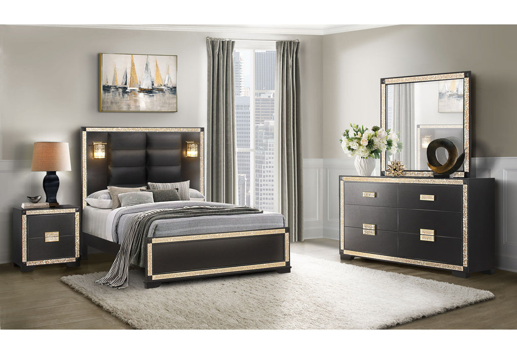 Blake - 4 Piece Queen Bedroom Set (Queen Bed With Lamps, Dresser, Mirror, Nightstand) - Black / Gold