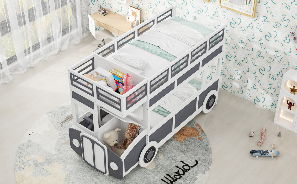 Twin/Twin Bus-shaped Bunk Bed with Wheels and Storage, Gray+White