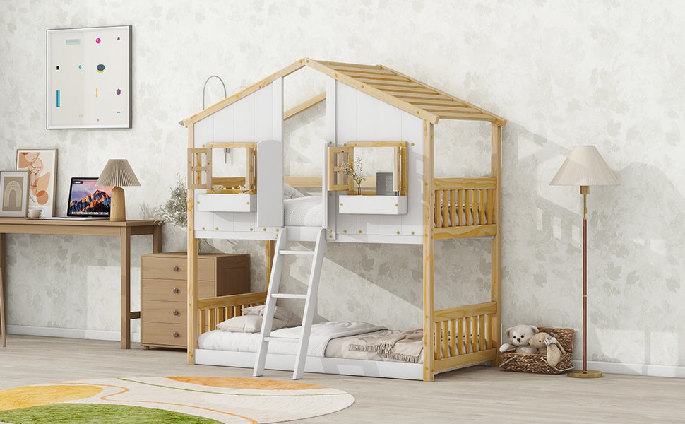 Twin/Twin HBunk Bed with Roof, Window, Window Box, Door, with Safety Guardrails and Ladder White