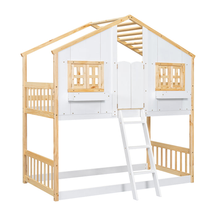 Twin/Twin HBunk Bed with Roof, Window, Window Box, Door, with Safety Guardrails and Ladder White