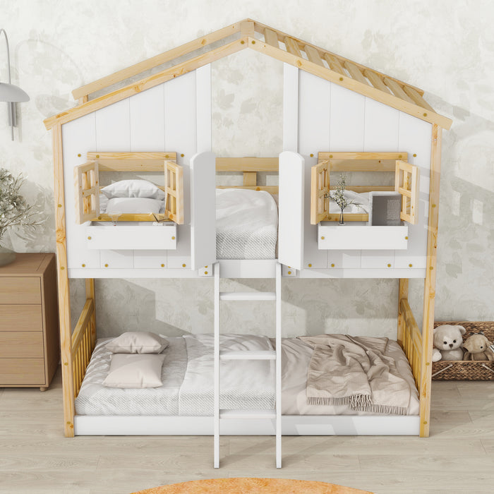 Twin/Twin HBunk Bed with Roof, Window, Window Box, Door, with Safety Guardrails and Ladder White